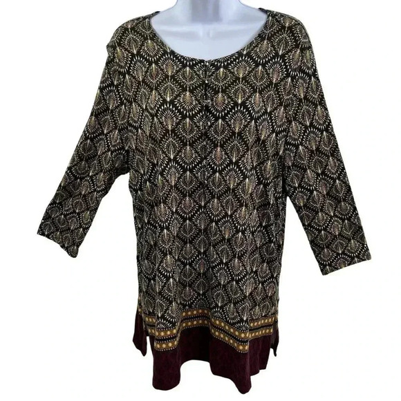 J Jill Womens L 3/4 Sleeve Tunic Top Geometric Peacock Print Henley Style Tunic - Picture 1 of 14